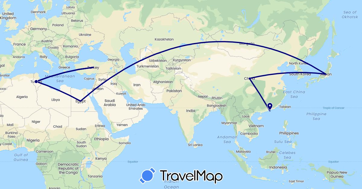 TravelMap itinerary: driving in China, Egypt, Japan, Tunisia, Turkey (Africa, Asia)